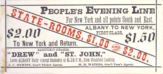 Ticket for the Peoples Evening Line, Albany to New York, recto